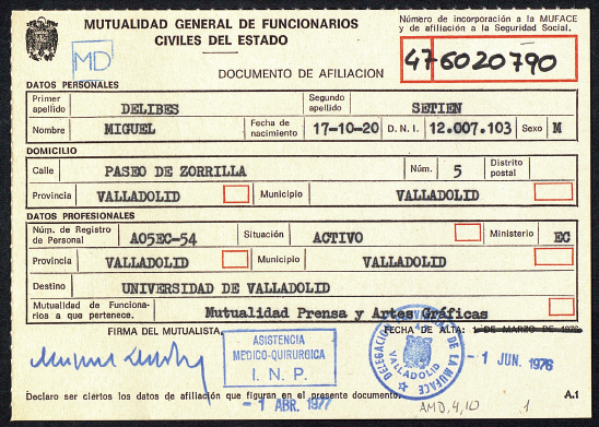 Tarjeta de afiliado de Miguel Delibes